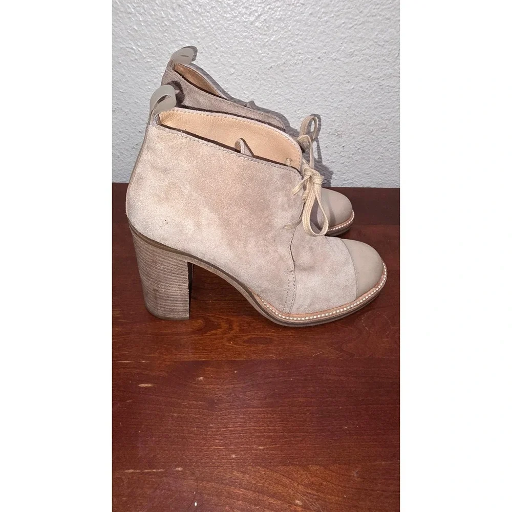Reed Krakoff Suede Lace Up Ankle Boots‎ Womens 39 Beige Tan Cap Toe Block Heel